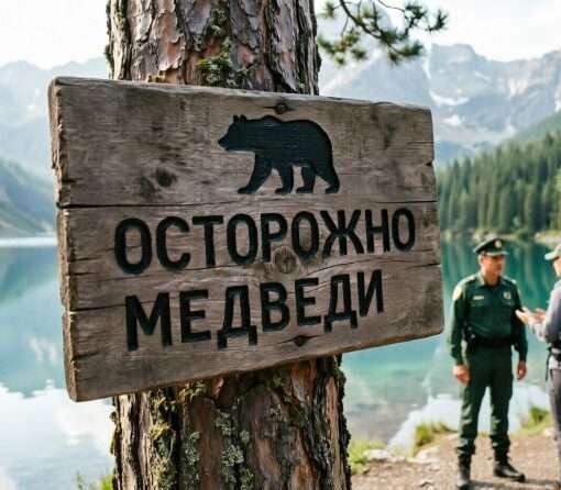 Предупреждающий знак о медведях на фоне горного озера на Алтае, правила безопасности для туристов в дикой природе 2026