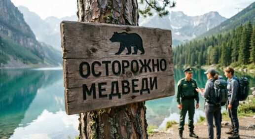 Предупреждающий знак о медведях на фоне горного озера на Алтае, правила безопасности для туристов в дикой природе 2026