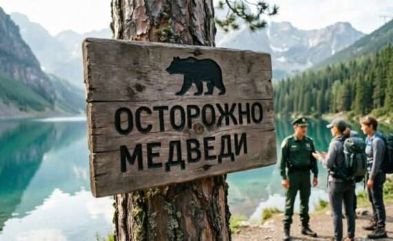 Предупреждающий знак о медведях на фоне горного озера на Алтае, правила безопасности для туристов в дикой природе 2026