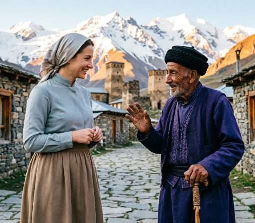 Туристы в скромной одежде на фоне традиционного дагестанского аула, правила культурного этикета и уважения к традициям Кавказа 2026.