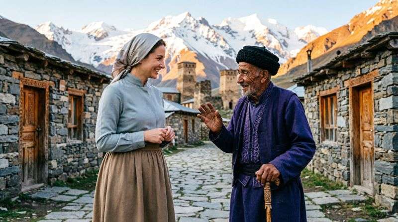 Туристы в скромной одежде на фоне традиционного дагестанского аула, правила культурного этикета и уважения к традициям Кавказа 2026.