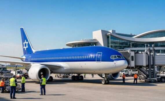 Самолет авиакомпании El Al на фоне аэропорта Пулково в Санкт-Петербурге, новые прямые рейсы Израиль Россия осень 2026