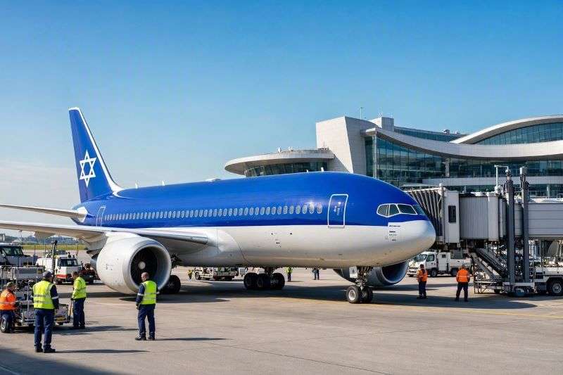 Самолет авиакомпании El Al на фоне аэропорта Пулково в Санкт-Петербурге, новые прямые рейсы Израиль Россия осень 2026