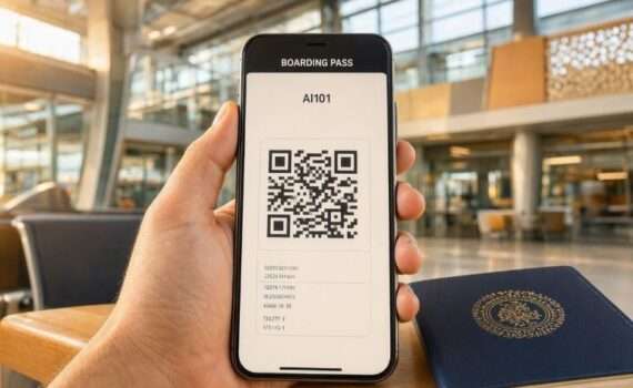 Турист в аэропорту Индии показывает электронный посадочный талон с QR-кодом на смартфоне, новые правила вылета 2026