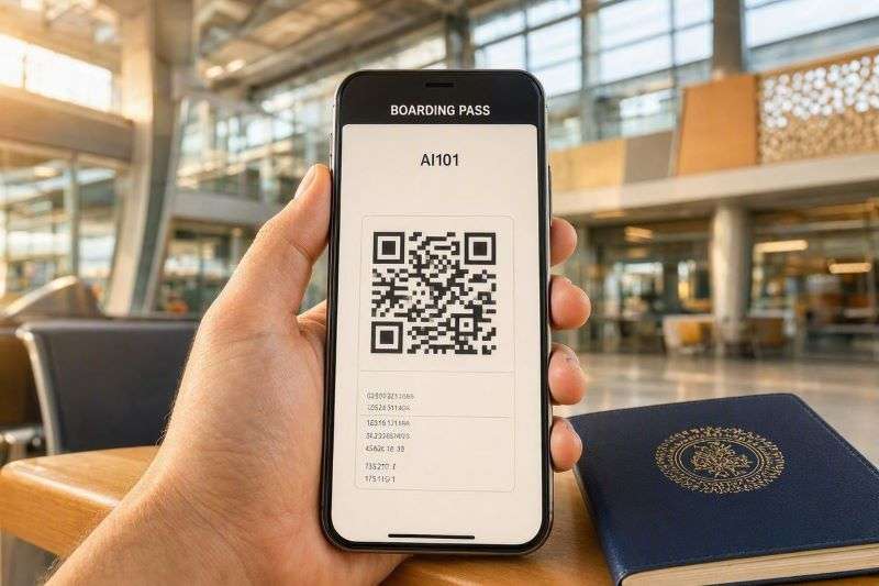 Турист в аэропорту Индии показывает электронный посадочный талон с QR-кодом на смартфоне, новые правила вылета 2026
