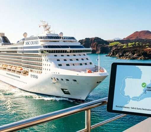 Круизный лайнер MSC на фоне солнечных Канарских островов, альтернативные безопасные круизные маршруты для туристов из Беларуси зимой 2026