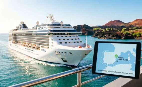 Круизный лайнер MSC на фоне солнечных Канарских островов, альтернативные безопасные круизные маршруты для туристов из Беларуси зимой 2026