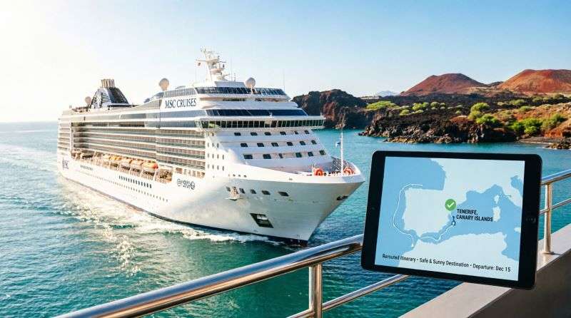 Круизный лайнер MSC на фоне солнечных Канарских островов, альтернативные безопасные круизные маршруты для туристов из Беларуси зимой 2026
