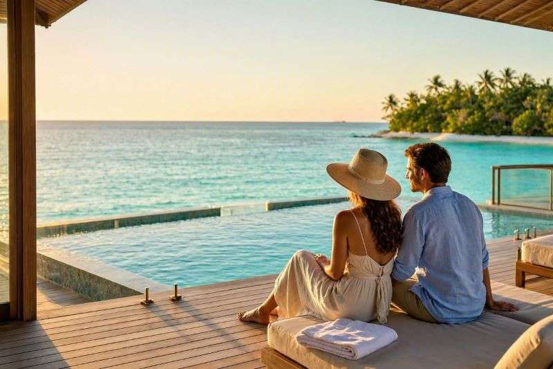Пара туристов на водной вилле на Мальдивах с видом на бирюзовый океан, популярные направления для белорусов 2026