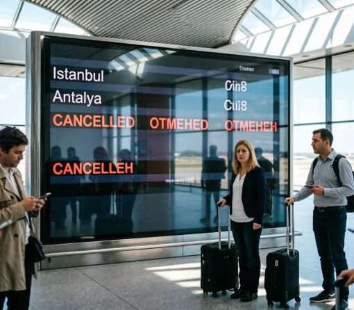 Табло вылетов в аэропорту с отмененными рейсами Turkish Airlines, последствия для туристов
