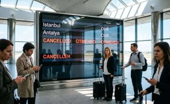 Табло вылетов в аэропорту с отмененными рейсами Turkish Airlines, последствия для туристов