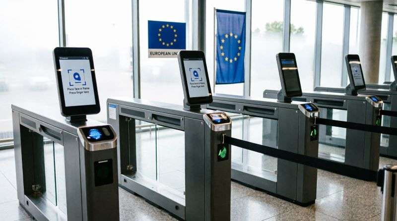 Зона пограничного контроля ЕС с электронными киосками EES для сканирования лица и отпечатков пальцев, сентябрь 2026