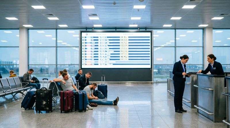 Табло вылетов российского аэропорта с множеством задержанных рейсов и надписью «Задержка», сентябрь 2026
