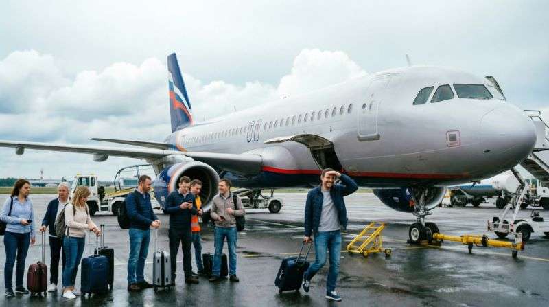 Самолет Airbus A320 Аэрофлота в аэропорту Минеральных Вод после вынужденной посадки, пассажиры ожидают резервный борт