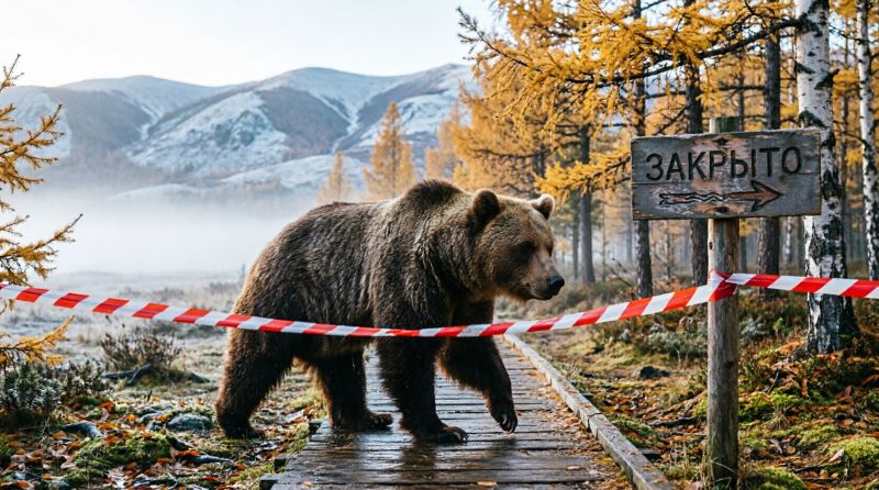 Бурый медведь на перекрытой сигнальной лентой туристической тропе Байкала среди осенней тайги, сентябрь 2026
