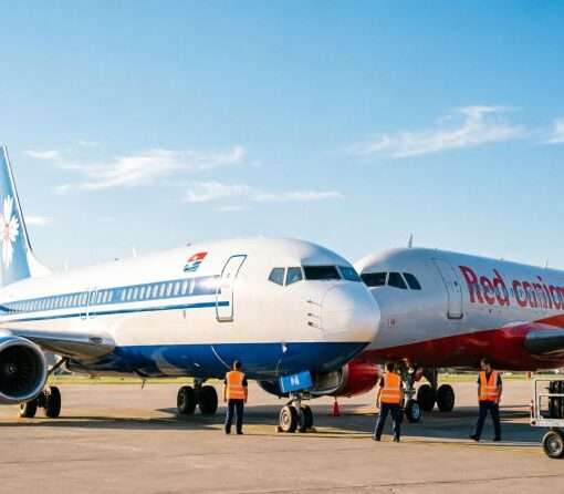 Самолеты Белавиа и Red Wings на перроне аэропорта, расширение код-шерингового сотрудничества, новые рейсы из Минска в регионы России 2026