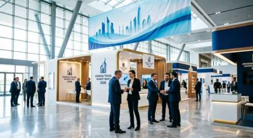 Павильоны выставки Arabian Travel Market 2026 во Всемирном торговом центре Дубая, делегации турбизнеса у стендов, сентябрь 2026