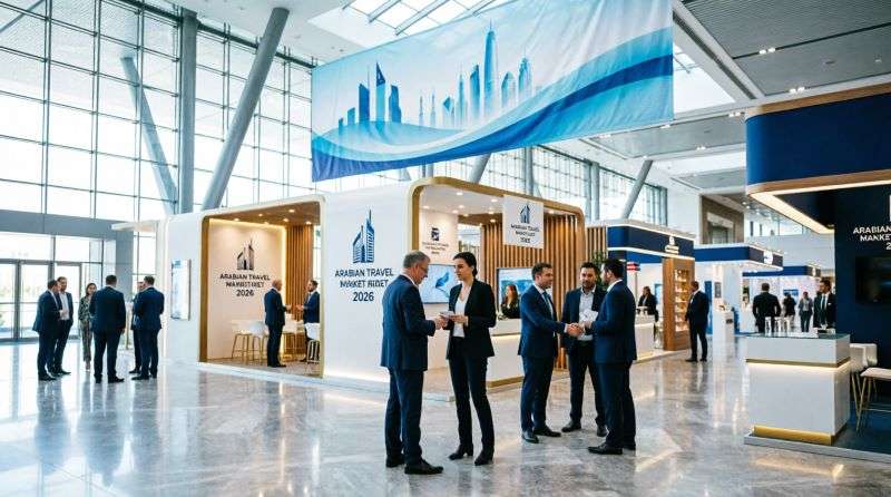 Павильоны выставки Arabian Travel Market 2026 во Всемирном торговом центре Дубая, делегации турбизнеса у стендов, сентябрь 2026