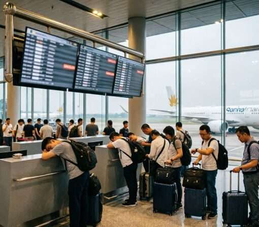 Застрявшие пассажиры с багажом в аэропорту Ханоя Нойбай у стойки Vietnam Airlines на фоне табло отмененных рейсов, сентябрь 2026