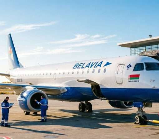 Самолёт Embraer 195 Белавиа в аэропорту Жуковский с логотипом авиакомпании, готовый к вылету в Минск, октябрь 2026