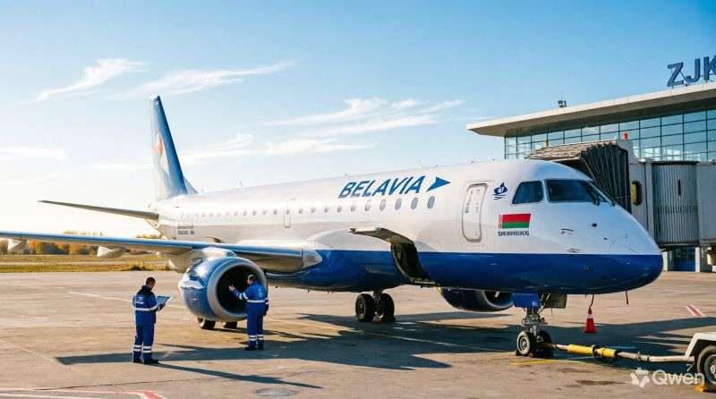 Самолёт Embraer 195 Белавиа в аэропорту Жуковский с логотипом авиакомпании, готовый к вылету в Минск, октябрь 2026