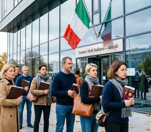 Очередь в визовый центр Италии в Минске, туристы с документами, сентябрь 2026