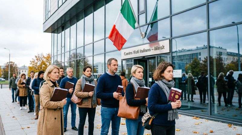 Очередь в визовый центр Италии в Минске, туристы с документами, сентябрь 2026