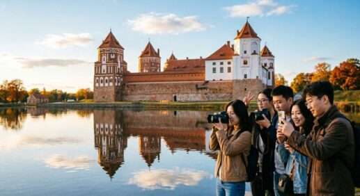 Китайские блогеры-путешественники фотографируют Мирский замок на закате, Беларусь, сентябрь 2026