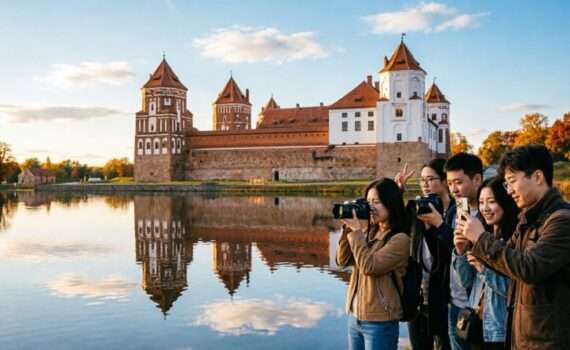 Китайские блогеры-путешественники фотографируют Мирский замок на закате, Беларусь, сентябрь 2026