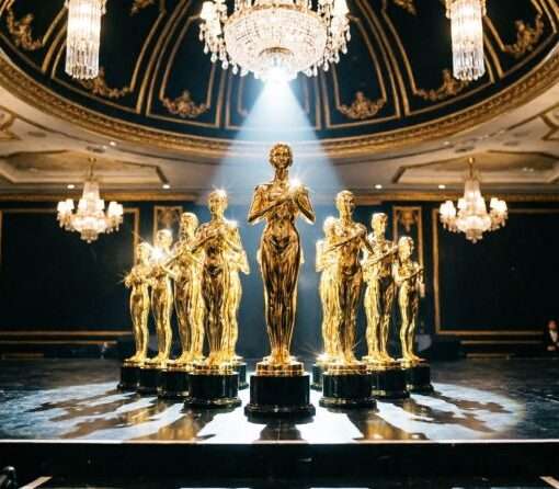 Церемония World Travel Awards 2026 в Дубае, сцена с золотыми статуэтками и логотипом премии, сентябрь 2026