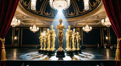 Церемония World Travel Awards 2026 в Дубае, сцена с золотыми статуэтками и логотипом премии, сентябрь 2026
