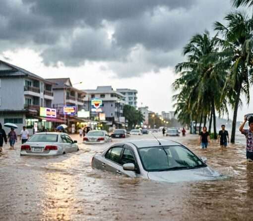 Затопленные улицы Паттайи с автомобилями по крышу в воде, сезон дождей в Таиланде, сентябрь 2026 года