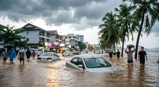 Затопленные улицы Паттайи с автомобилями по крышу в воде, сезон дождей в Таиланде, сентябрь 2026 года