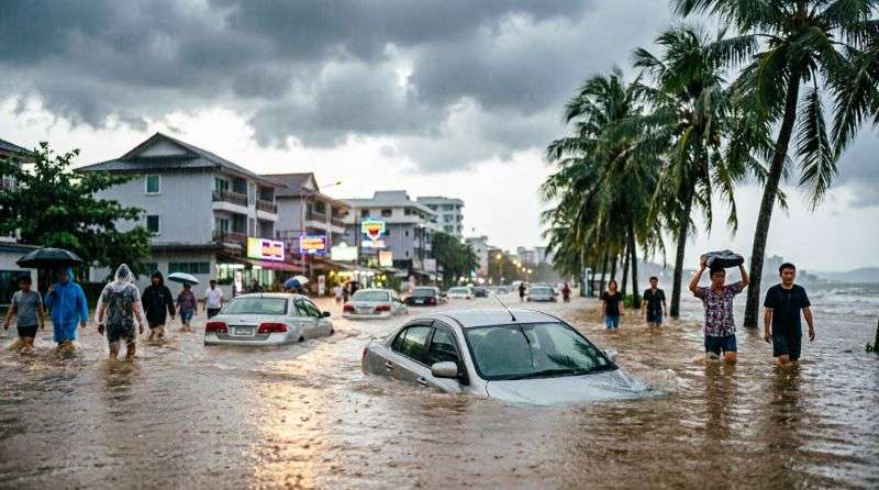 Затопленные улицы Паттайи с автомобилями по крышу в воде, сезон дождей в Таиланде, сентябрь 2026 года