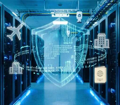 Концепция кибербезопасности в туризме: серверная комната с цифровой защитой данных туристов, сентябрь 2026