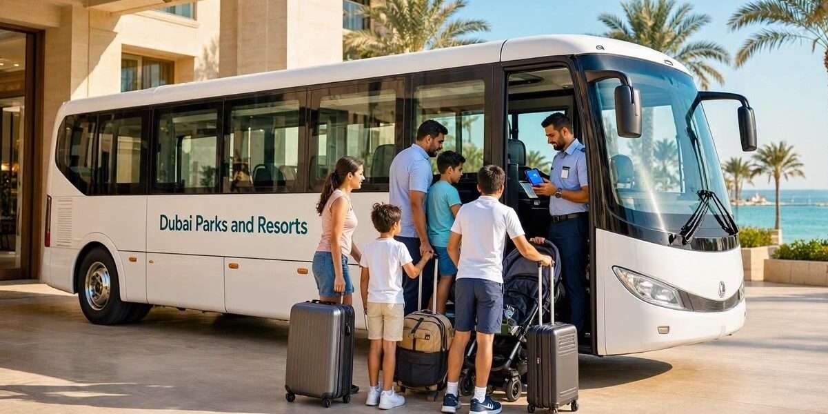 Бесплатный шаттл из Рас-эль-Хаймы в Dubai Parks and Resorts — автобус у отеля на острове Марджан, ноябрь 2026