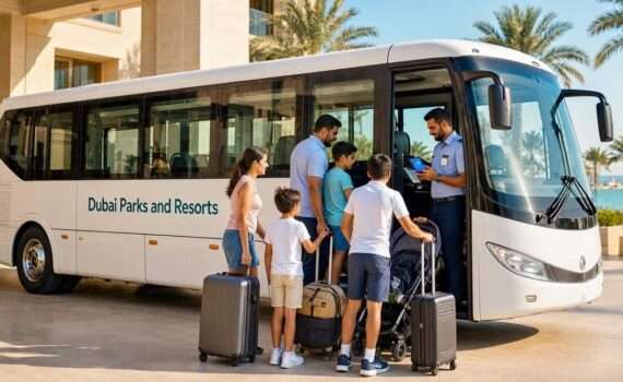 Бесплатный шаттл из Рас-эль-Хаймы в Dubai Parks and Resorts — автобус у отеля на острове Марджан, ноябрь 2026