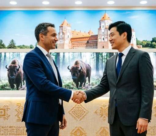Стенд Беларуси на международной туристической выставке COITM 2026 в Пекине: представители Национального агентства по туризму и бизнеса проводят B2B-переговоры на фоне изображений Мирского замка и Беловежской пущи
