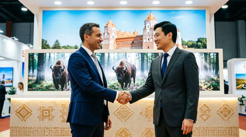 Стенд Беларуси на международной туристической выставке COITM 2026 в Пекине: представители Национального агентства по туризму и бизнеса проводят B2B-переговоры на фоне изображений Мирского замка и Беловежской пущи