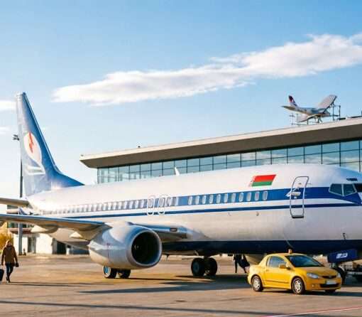 Самолет авиакомпании Белавиа в Национальном аэропорту Минск на фоне взлетной полосы, октябрь 2026 года