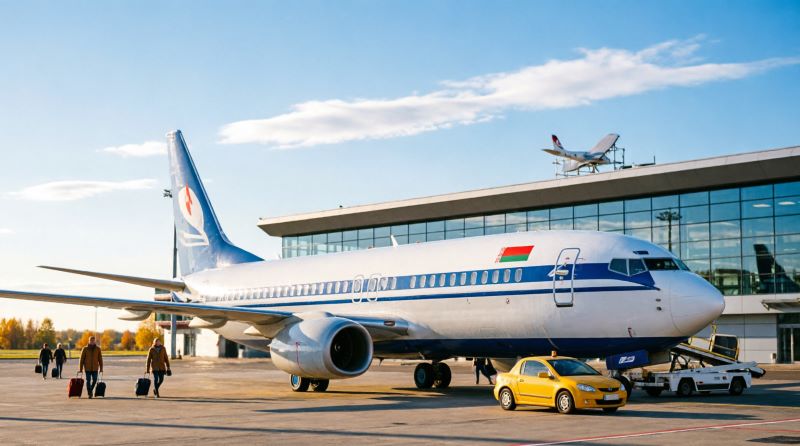 Самолет авиакомпании Белавиа в Национальном аэропорту Минск на фоне взлетной полосы, октябрь 2026 года