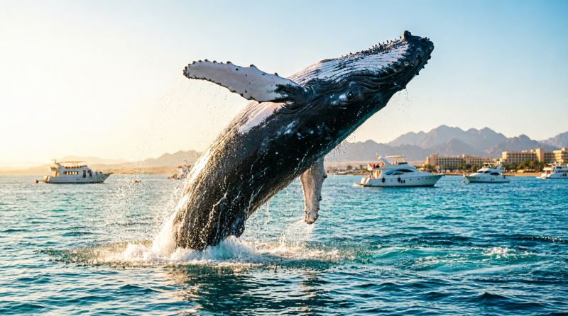 Горбатый кит выпрыгивает из бирюзовой воды Красного моря у побережья Хургады на фоне туристических яхт и пустынных гор Египта, октябрь 2026 года