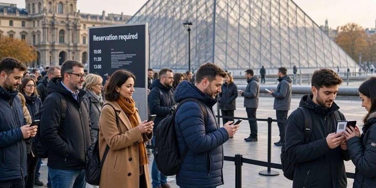 Вход в Лувр с очередью туристов и информационным табло о предварительной записи, Париж, октябрь 2026