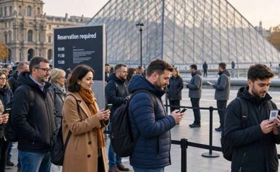 Вход в Лувр с очередью туристов и информационным табло о предварительной записи, Париж, октябрь 2026