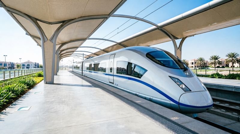 Современный скоростной поезд Etihad Rail на станции в Дубае с пассажирами на платформе, ОАЭ 2026 год