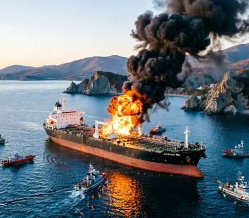 Горящий нефтяной танкер в Черном море у побережья Сочи, столб черного дыма виден с берега, октябрь 2026 года