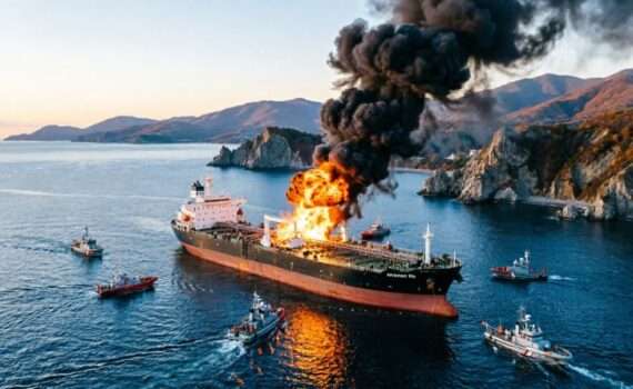 Горящий нефтяной танкер в Черном море у побережья Сочи, столб черного дыма виден с берега, октябрь 2026 года
