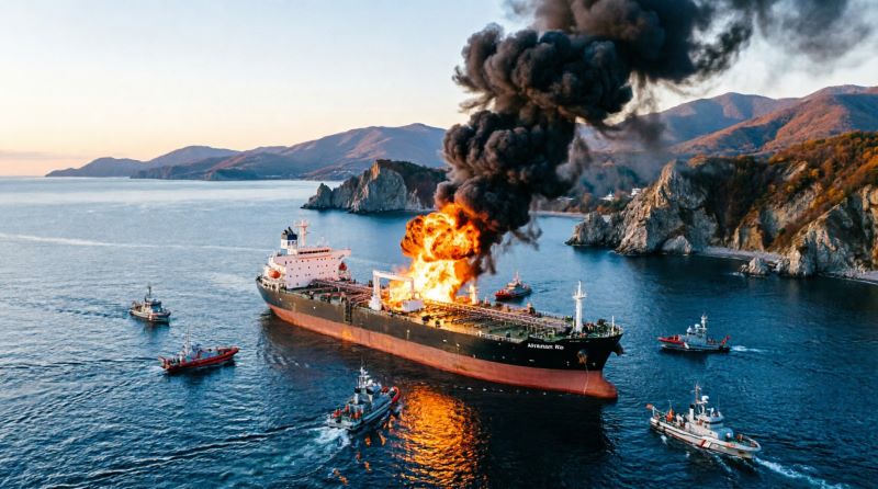 Горящий нефтяной танкер в Черном море у побережья Сочи, столб черного дыма виден с берега, октябрь 2026 года