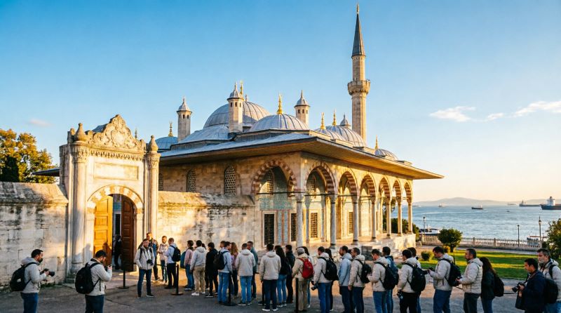 Дворец Топкапы в Стамбуле на фоне Босфора, туристы у входа в музей, октябрь 2026 года